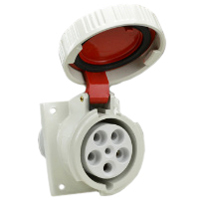 Pin and Sleeve Receptacle Outlet Devices 888-129 IEC 60309 Panel Mnt Recep Angled, IP67, 60A 380-415V & 400V, 63A 220/380-240/415V, 6H, IEC 309 International Pin and Sleeve Devices 